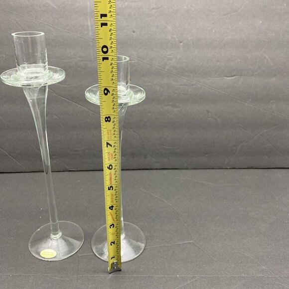 Studio Hand Blown Clear Glass Taper Candle Holder Set Of 2 Graduating 10.5”9.75” - Picture 9 of 11